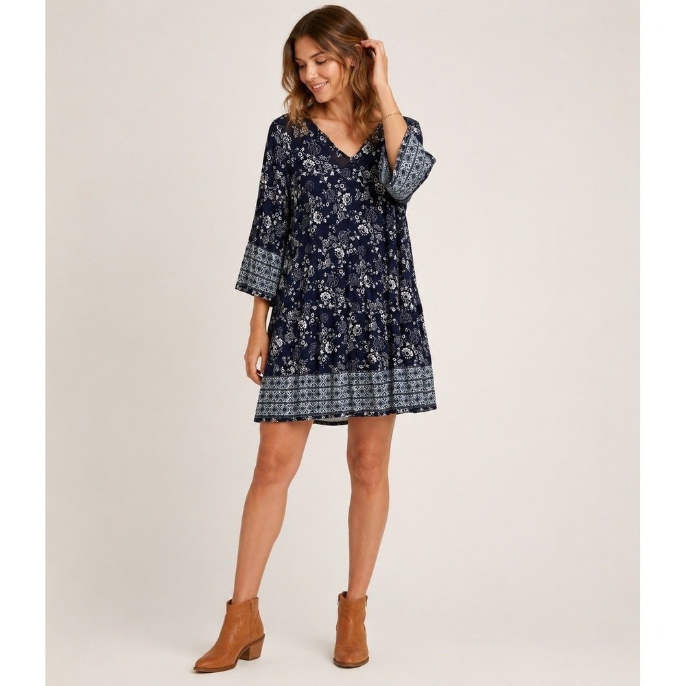 SKIES ARE BLUE Dress Women M Blue Rayon Floral Print Crochet Country Boho Hippie